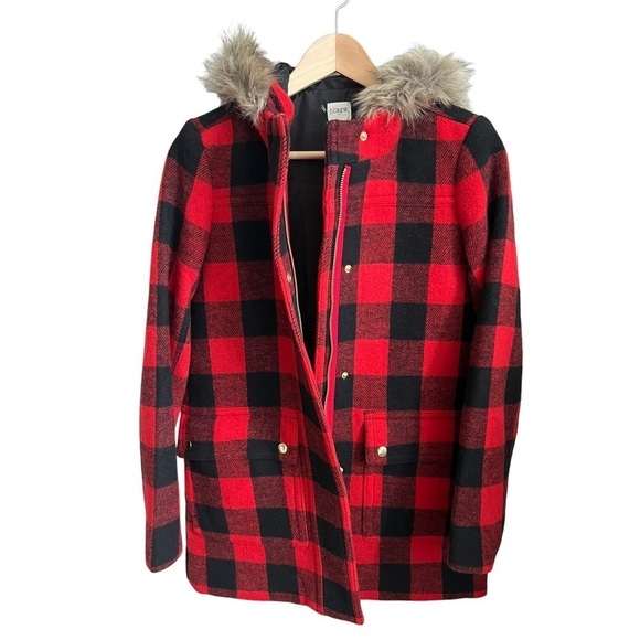 Nwt J. Crew Vail Wool Blend Peacoat Buffalo Check Fur Festive Holiday Size 0 - Picture 9 of 9